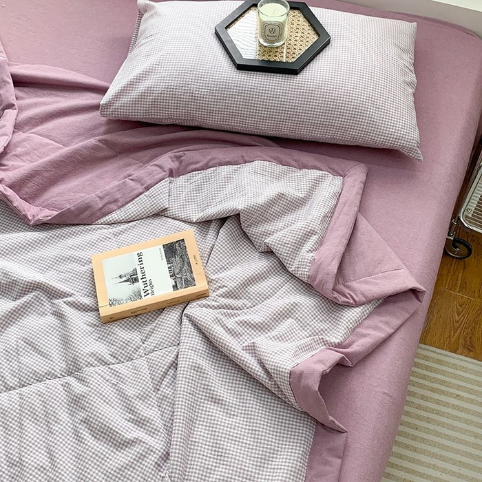 91家纺网 家纺一手货源 找家纺 水洗的故事2025新款A类色织水洗棉丝夏被四件套系列 小格紫
