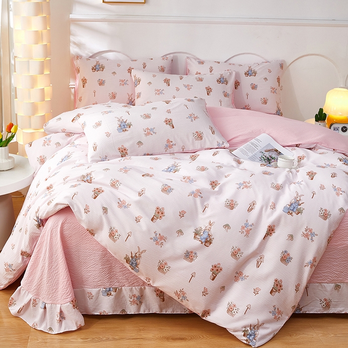 91家纺网 家纺一手货源 找家纺 全美家居 2025新款A类透气泡芙棉四件套 花丛兔