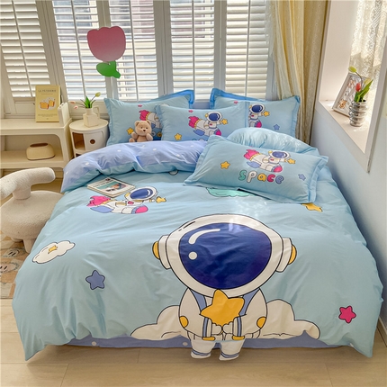 91家纺网 家纺一手货源 找家纺 孩子王家纺 2023新款全棉卡通学生活性印花大版工艺款四件套 太空人