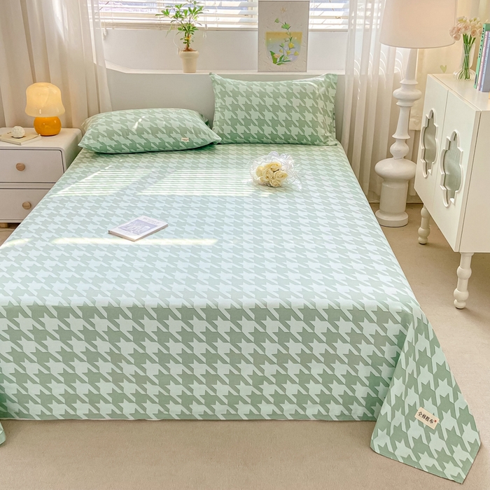 91家纺网 家纺一手货源 找家纺 卧趣家纺 2024新品全棉老粗布单品床单床笠系列-单品床单系列 千鸟格-绿