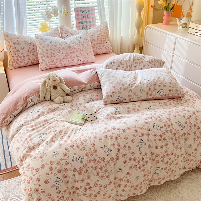 91家纺网 家纺一手货源 找家纺 多品 2024新款水洗棉双层纱四件套 玫瑰花园