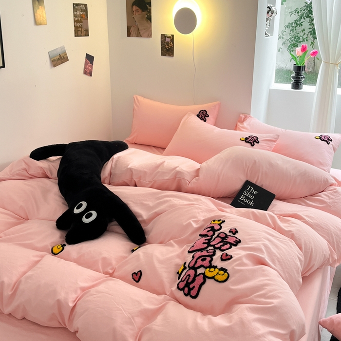 91家纺网 家纺一手货源 找家纺 耀达家居 2024新款ins毛巾绣水洗棉四件套 公主发财