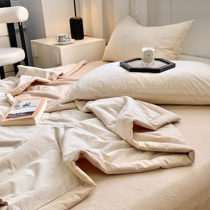 91家纺网 家纺一手货源 找家纺 水洗的故事2025新款A类色织水洗棉丝夏被四件套系列 小格米