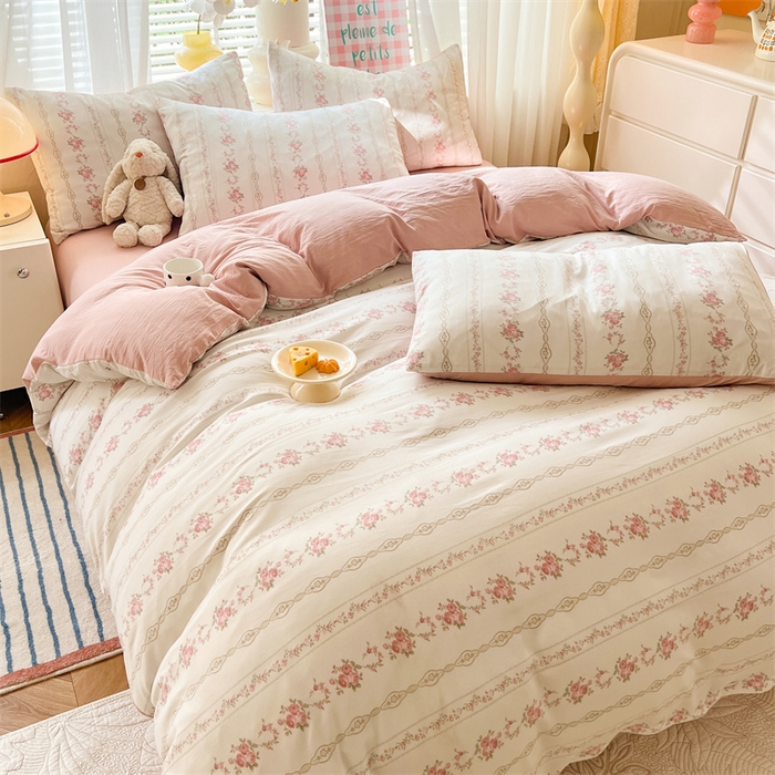 91家纺网 家纺一手货源 找家纺 多品 2024新款水洗棉双层纱四件套 白薇