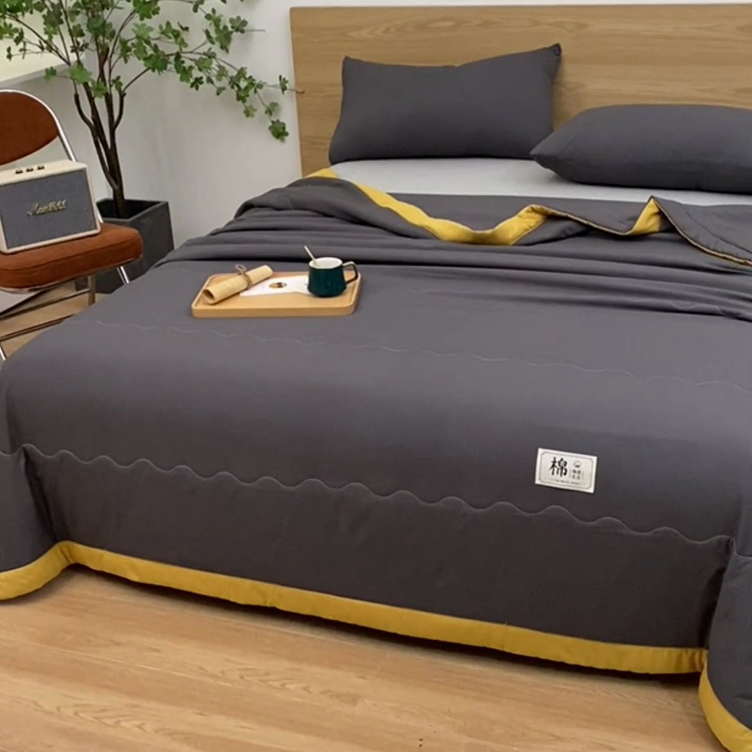 91家纺网 家纺一手货源 找家纺 猎鹿人家纺 2024新款纯色水洗棉纱棉花夏被 曜石黑