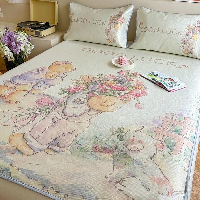 91家纺网 家纺一手货源 找家纺 萝莉家纺 2024新款大版印花冰丝凉席床席床笠款 送你一个春天-平席款