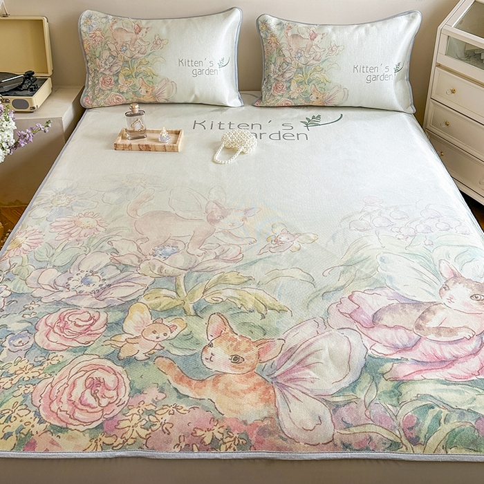 91家纺网 家纺一手货源 找家纺 萝莉家纺 2024新款大版印花冰丝凉席床席床笠款 小猫咪的花园-平席款