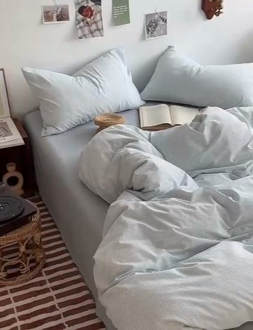 91家纺网 家纺一手货源 找家纺 水洗的故事 2024新款无印良品水洗棉四件套  小小格蓝