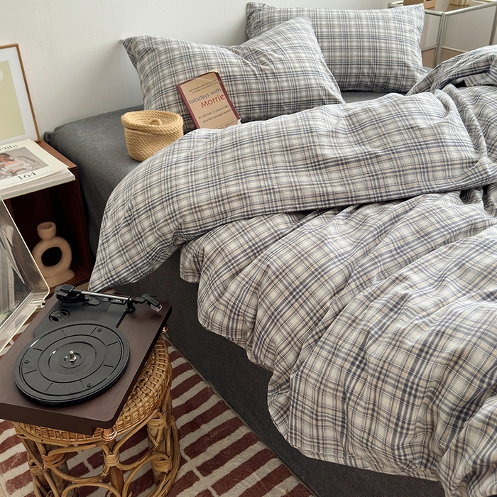 91家纺网 家纺一手货源 找家纺 水洗的故事 2024新款无印良品水洗棉四件套  灰线格