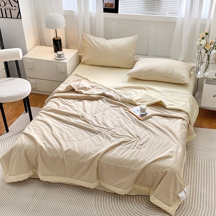 91家纺网 家纺一手货源 找家纺 水洗的故事2025新款A类色织水洗棉丝夏被四件套系列 奶黄格