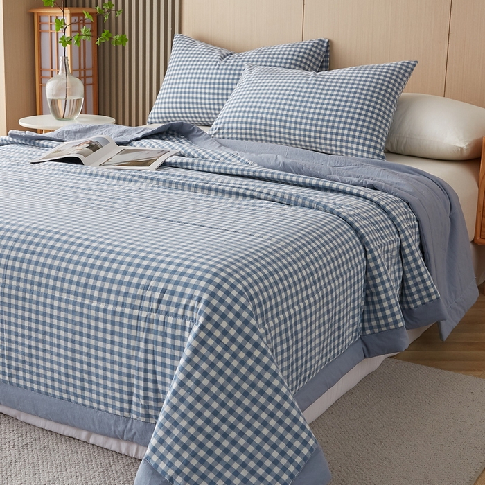 91家纺网 家纺一手货源 找家纺 猎鹿人家纺 2024新款水洗棉棉花夏被 蓝小格