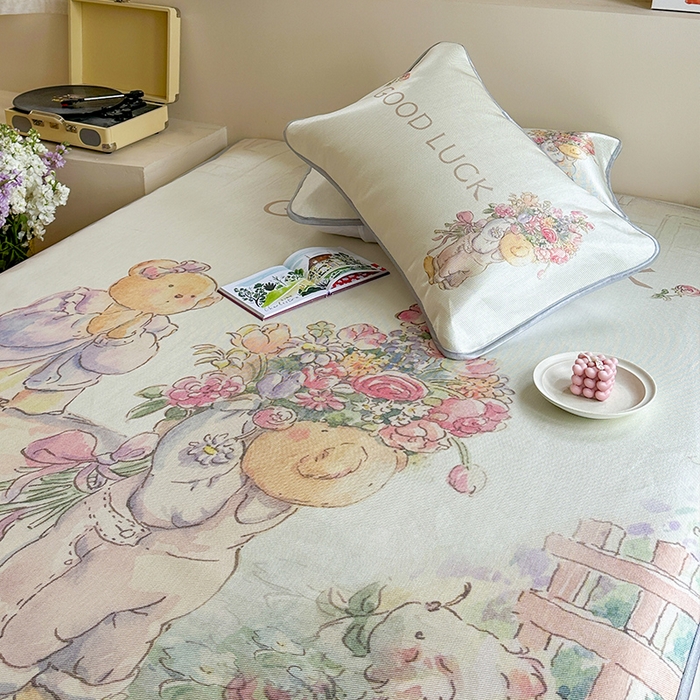 91家纺网 家纺一手货源 找家纺 萝莉家纺 2024新款大版印花冰丝凉席床席床笠款 送你一个春天-平席款