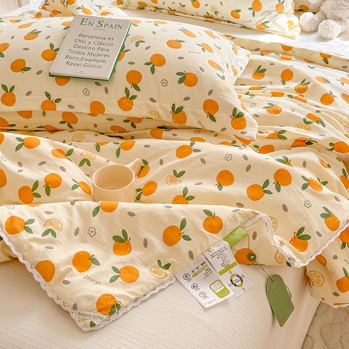 91家纺网 家纺一手货源 找家纺 创优家纺  2025新款A类皱皱纱小花边夏被 元气橘子