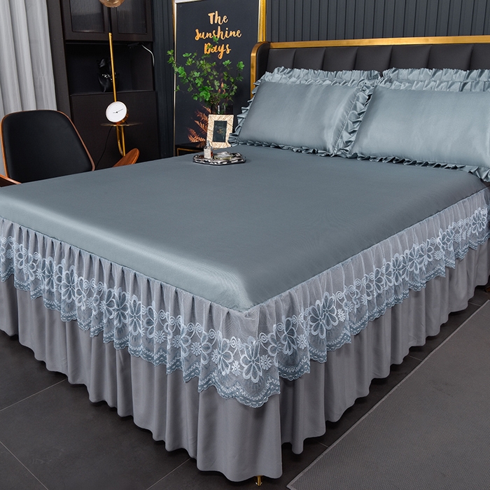 91家纺网 家纺一手货源 找家纺 艾裙海  2025新款纯色床裙款冰丝凉席 绅士灰