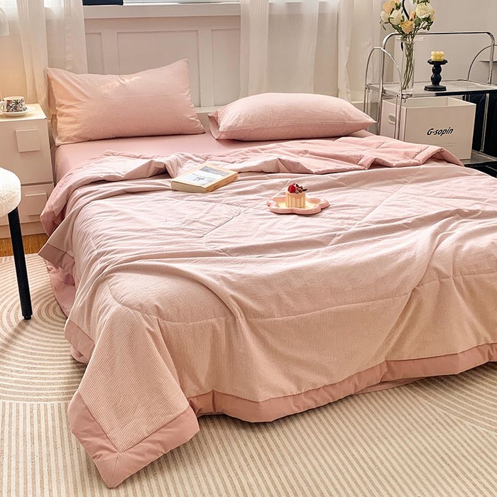 91家纺网 家纺一手货源 找家纺 水洗的故事2025新款A类色织水洗棉丝夏被四件套系列 密条粉