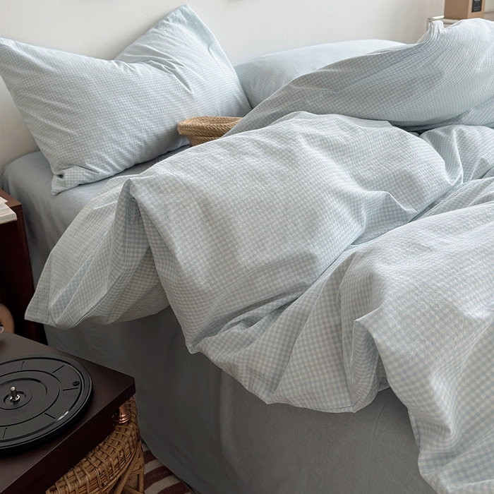 91家纺网 家纺一手货源 找家纺 水洗的故事 2024新款无印良品水洗棉四件套  小小格蓝