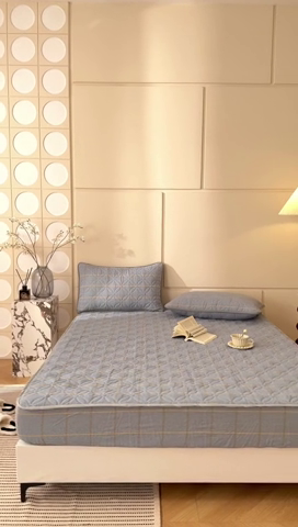 91家纺网 家纺一手货源 找家纺 杜先生 2024新款无印风水洗棉夹棉床笠 浅绿小格