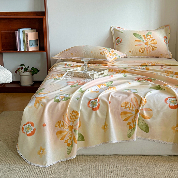 91家纺网 家纺一手货源 找家纺 萌宝老粗布毛绒玩具 2025新款原棉老粗布印花床单系列细纱帆布软凉席三枚段条花边款 向阳花