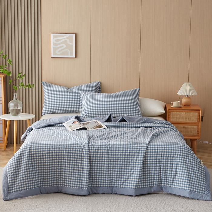 91家纺网 家纺一手货源 找家纺 猎鹿人家纺 2024新款水洗棉棉花夏被 蓝小格