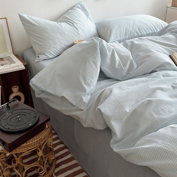 91家纺网 家纺一手货源 找家纺 水洗的故事 2024新款无印良品水洗棉四件套  小小格蓝