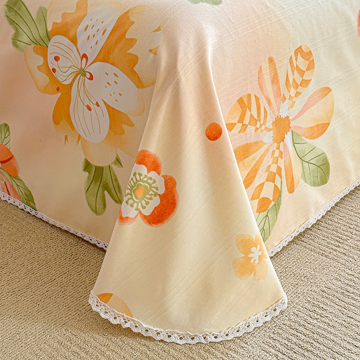 91家纺网 家纺一手货源 找家纺 萌宝老粗布毛绒玩具 2025新款原棉老粗布印花床单系列细纱帆布软凉席三枚段条花边款 向阳花