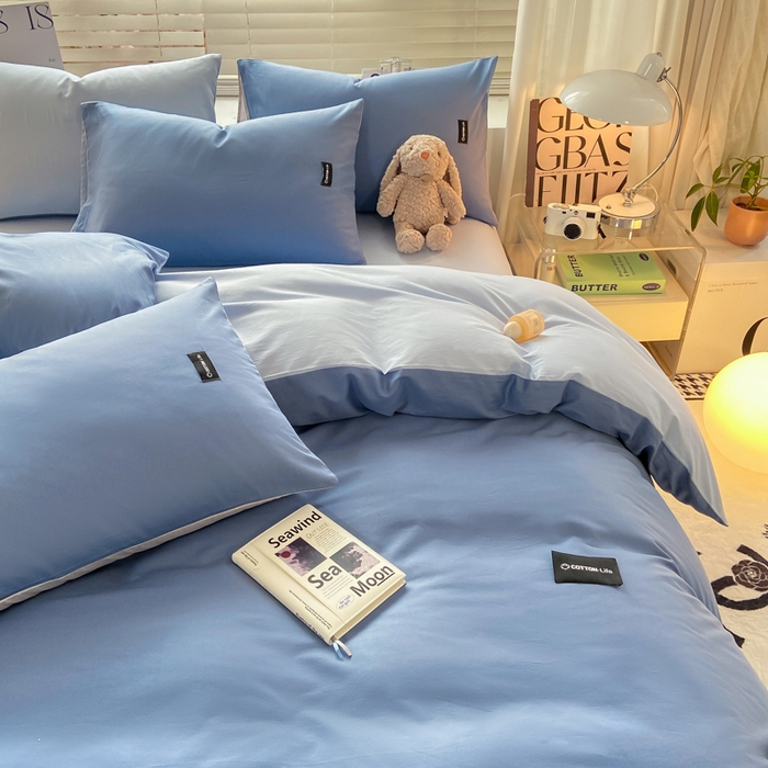 91家纺网 家纺一手货源 找家纺 黑马家居 2024新款双拼全棉四件套 宾利蓝+天蓝