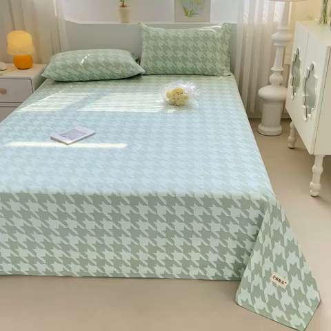 91家纺网 家纺一手货源 找家纺 卧趣家纺 2024新品全棉老粗布单品床单床笠系列-单品床单系列 千鸟格-绿