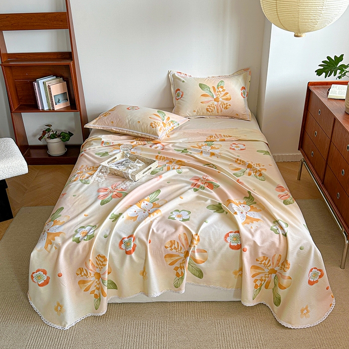 91家纺网 家纺一手货源 找家纺 萌宝老粗布毛绒玩具 2025新款原棉老粗布印花床单系列细纱帆布软凉席三枚段条花边款 向阳花