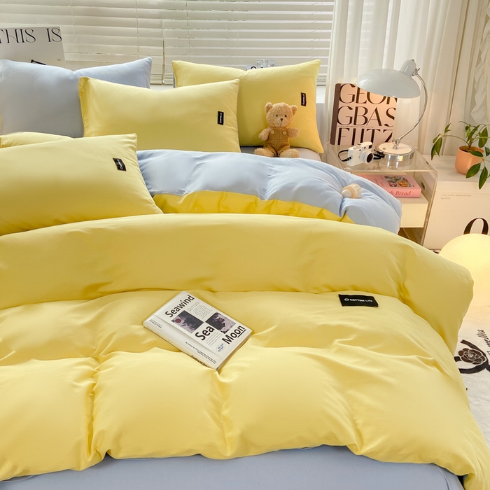 91家纺网 家纺一手货源 找家纺 黑马家居 2024新款双拼全棉四件套 黄+天蓝