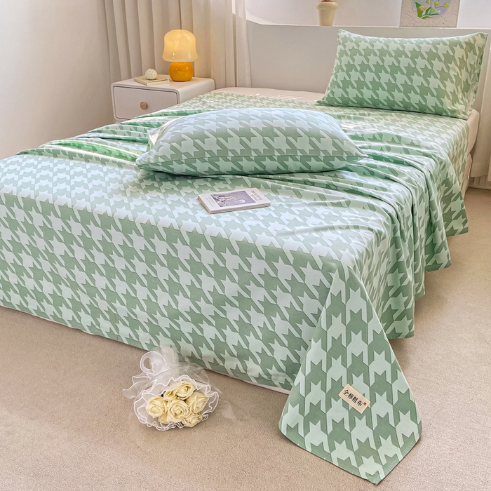 91家纺网 家纺一手货源 找家纺 卧趣家纺 2024新品全棉老粗布单品床单床笠系列-单品床单系列 千鸟格-绿