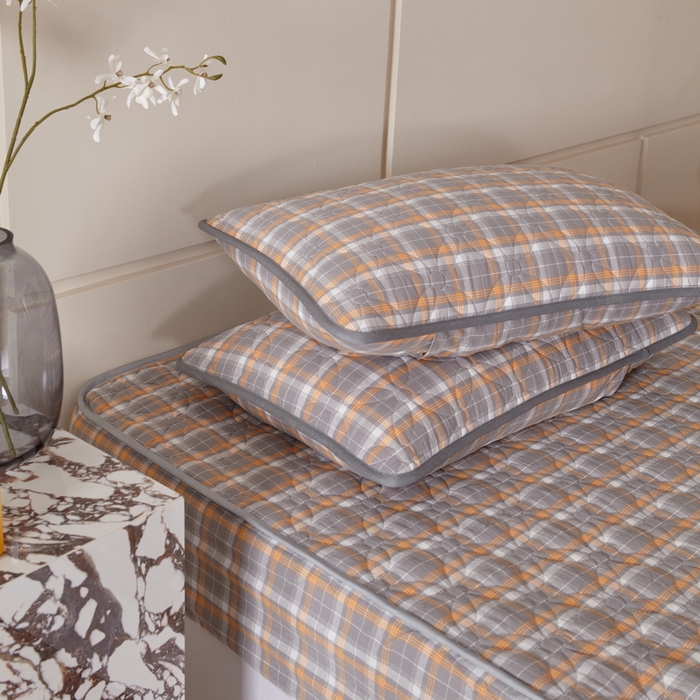 91家纺网 家纺一手货源 找家纺 杜先生 2024新款无印风水洗棉夹棉床笠 橙灰格