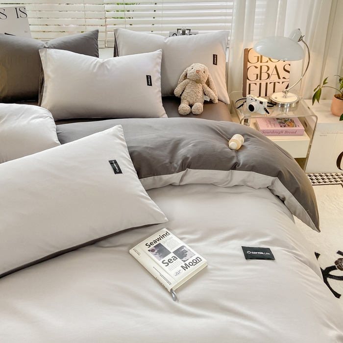 91家纺网 家纺一手货源 找家纺 黑马家居 2024新款双拼全棉四件套 浅灰+高级灰