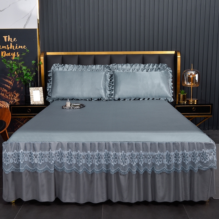 91家纺网 家纺一手货源 找家纺 艾裙海  2025新款纯色床裙款冰丝凉席 绅士灰