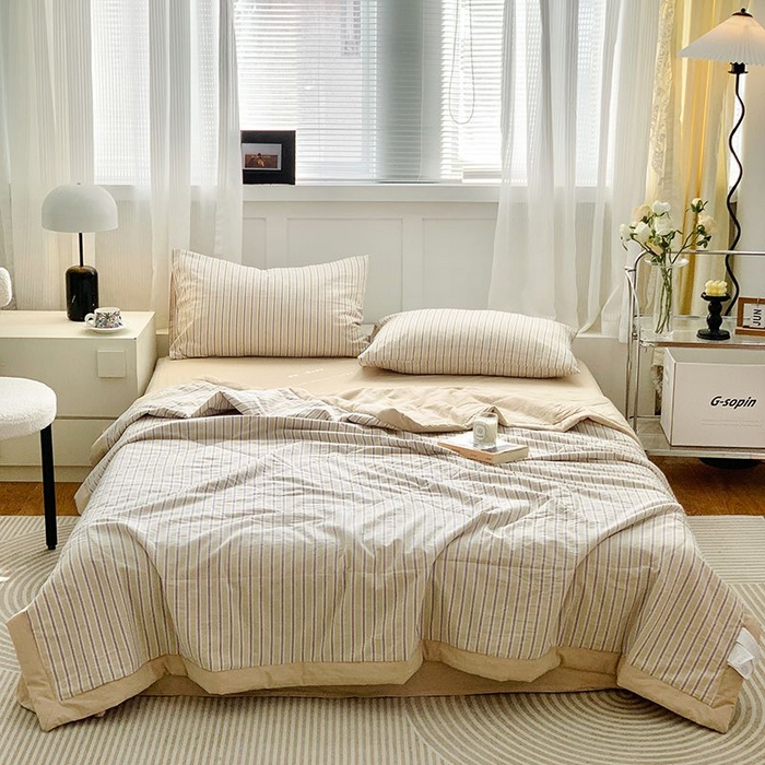 91家纺网 家纺一手货源 找家纺 水洗的故事2025新款A类色织水洗棉丝夏被四件套系列 紫米条