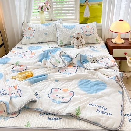 慕澄家纺 2024新款小版印花0.5乳胶凉席夏被四件套 爱心小熊
