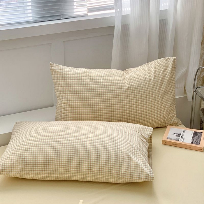 91家纺网 家纺一手货源 找家纺 水洗的故事2025新款A类色织水洗棉丝夏被四件套系列 奶黄格