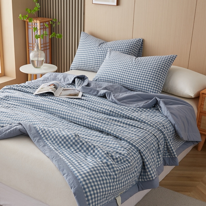 91家纺网 家纺一手货源 找家纺 猎鹿人家纺 2024新款水洗棉棉花夏被 蓝小格