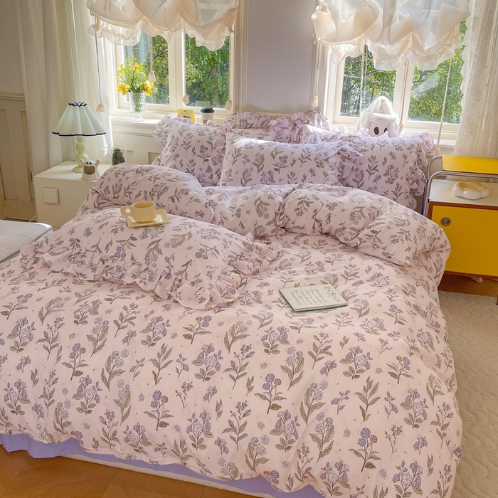 91家纺网 家纺一手货源 找家纺 上尚居 2024直播爆款韩版印花小清新卡通云朵棉四件套 花玉颜