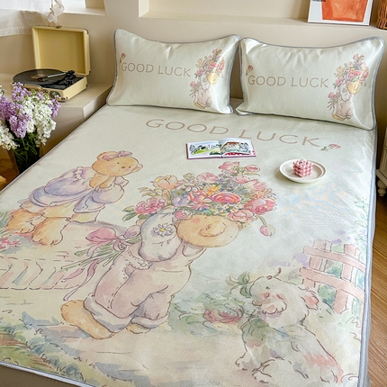 91家纺网 家纺一手货源 找家纺 萝莉家纺 2024新款大版印花冰丝凉席床席床笠款 送你一个春天-床笠款