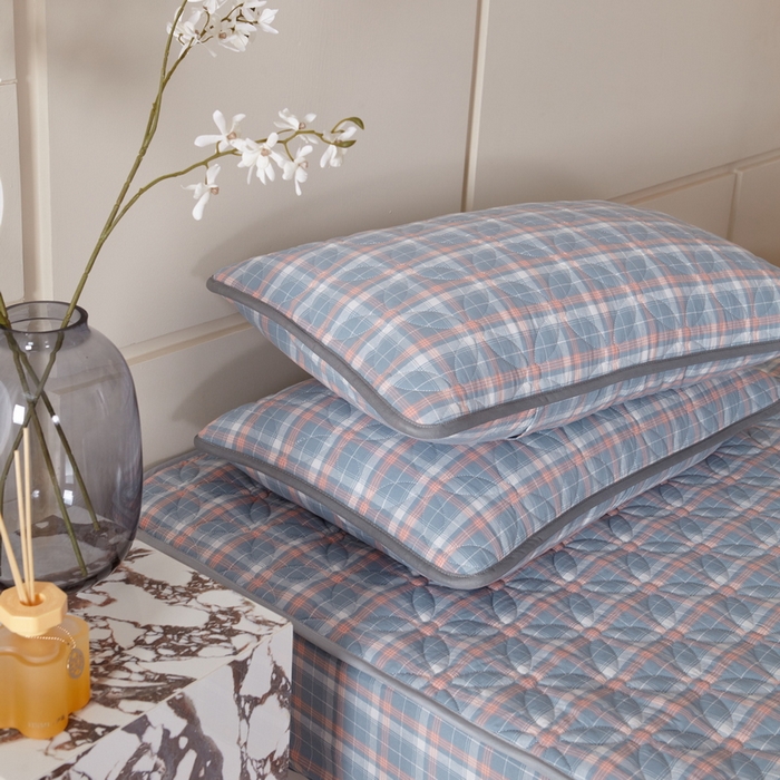 91家纺网 家纺一手货源 找家纺 杜先生 2024新款无印风水洗棉夹棉床笠 浅蓝中格