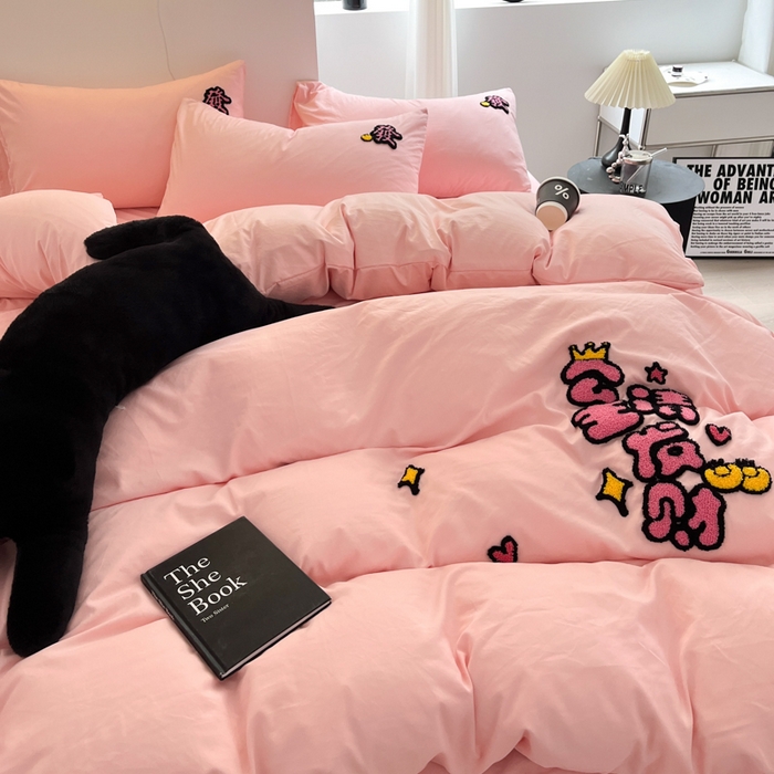 91家纺网 家纺一手货源 找家纺 耀达家居 2024新款ins毛巾绣水洗棉四件套 公主发财