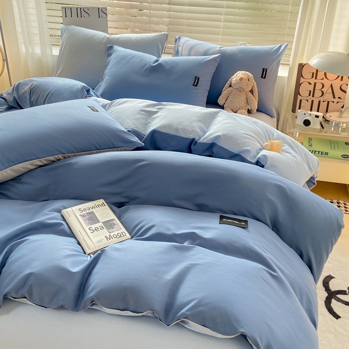 91家纺网 家纺一手货源 找家纺 黑马家居 2024新款双拼全棉四件套 宾利蓝+天蓝