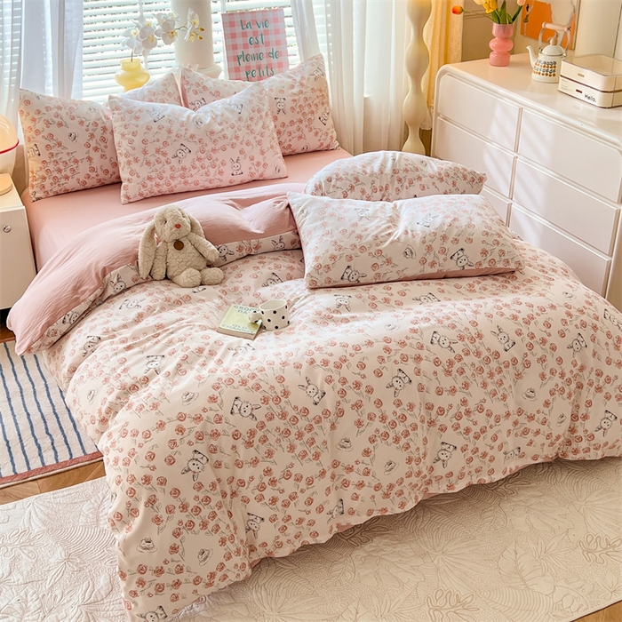 91家纺网 家纺一手货源 找家纺 多品 2024新款水洗棉双层纱四件套 玫瑰花园