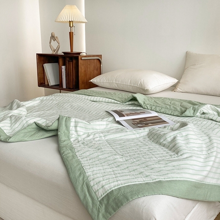 青螺家纺 双面全棉色织水洗棉新疆棉花被百分百（支持质检）中绿条纹