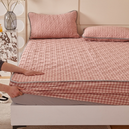 杜先生 2024新款无印风水洗棉夹棉床笠 粉小格