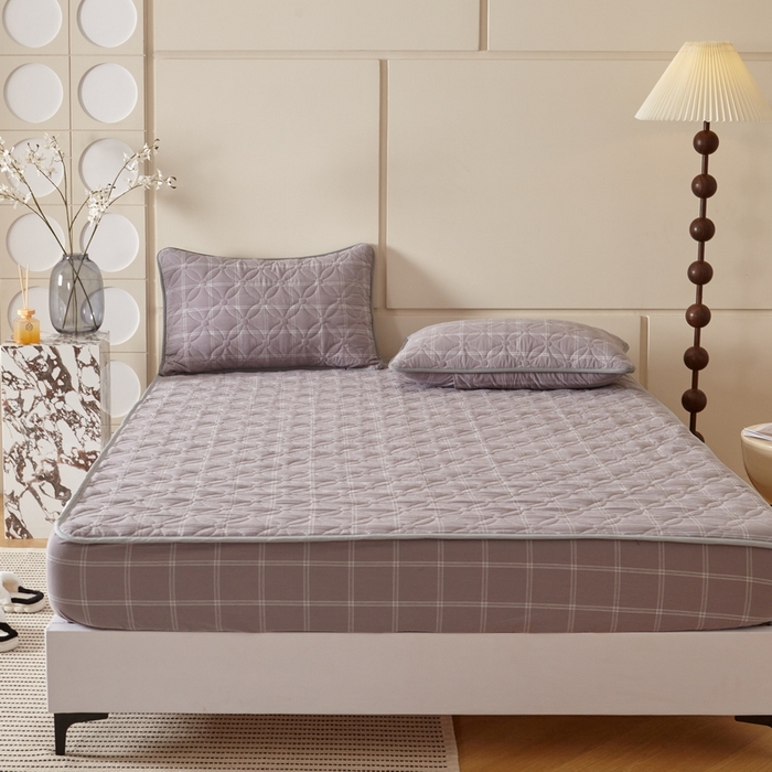 91家纺网 家纺一手货源 找家纺 杜先生 2024新款无印风水洗棉夹棉床笠 浅灰大格