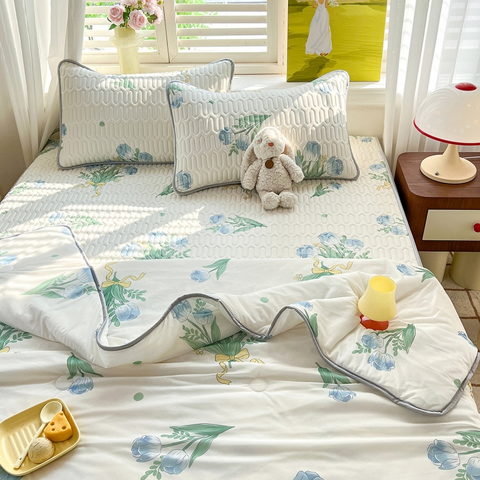 91家纺网 家纺一手货源 找家纺 慕澄家纺 2024新款小版印花0.5乳胶凉席夏被四件套 祈愿