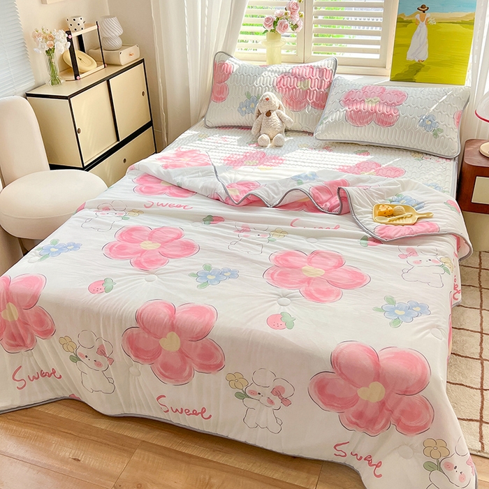 91家纺网 家纺一手货源 找家纺 慕澄家纺 2024新款小版印花0.5乳胶凉席夏被四件套 心花怒放