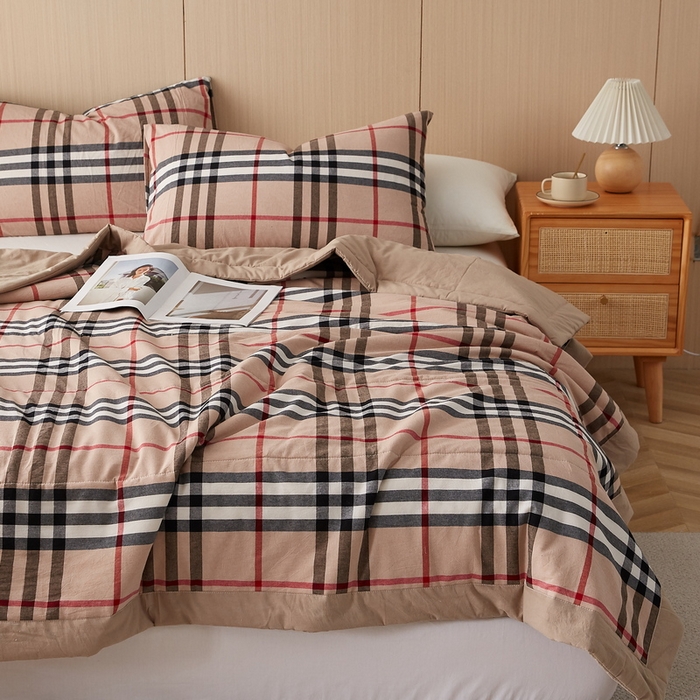 91家纺网 家纺一手货源 找家纺 猎鹿人家纺 2024新款水洗棉棉花夏被 咖条