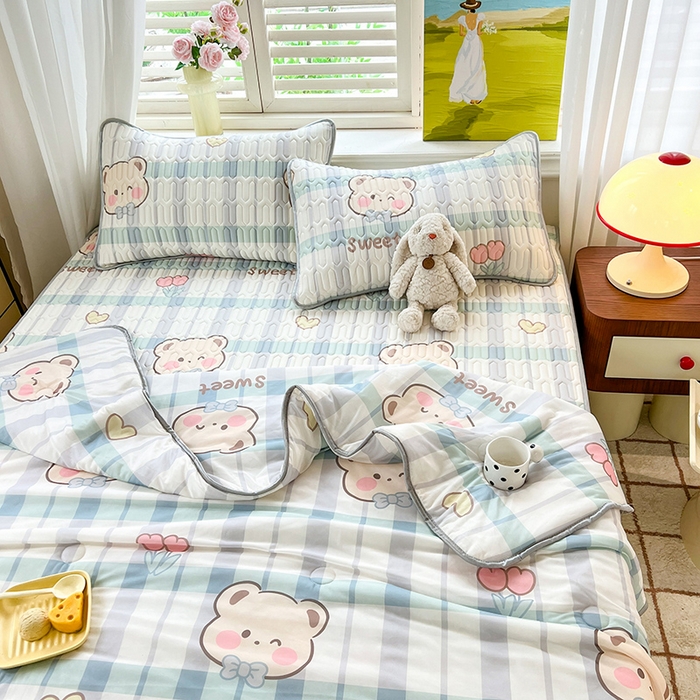 91家纺网 家纺一手货源 找家纺 慕澄家纺 2024新款小版印花0.5乳胶凉席夏被四件套 格子熊